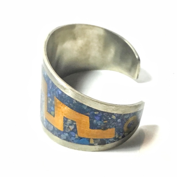 Vintage Taxco, Mexico Crushed Lapis, Copper & Alpaca Aztec Design Cuff Bracelet - Picture 3 of 3
